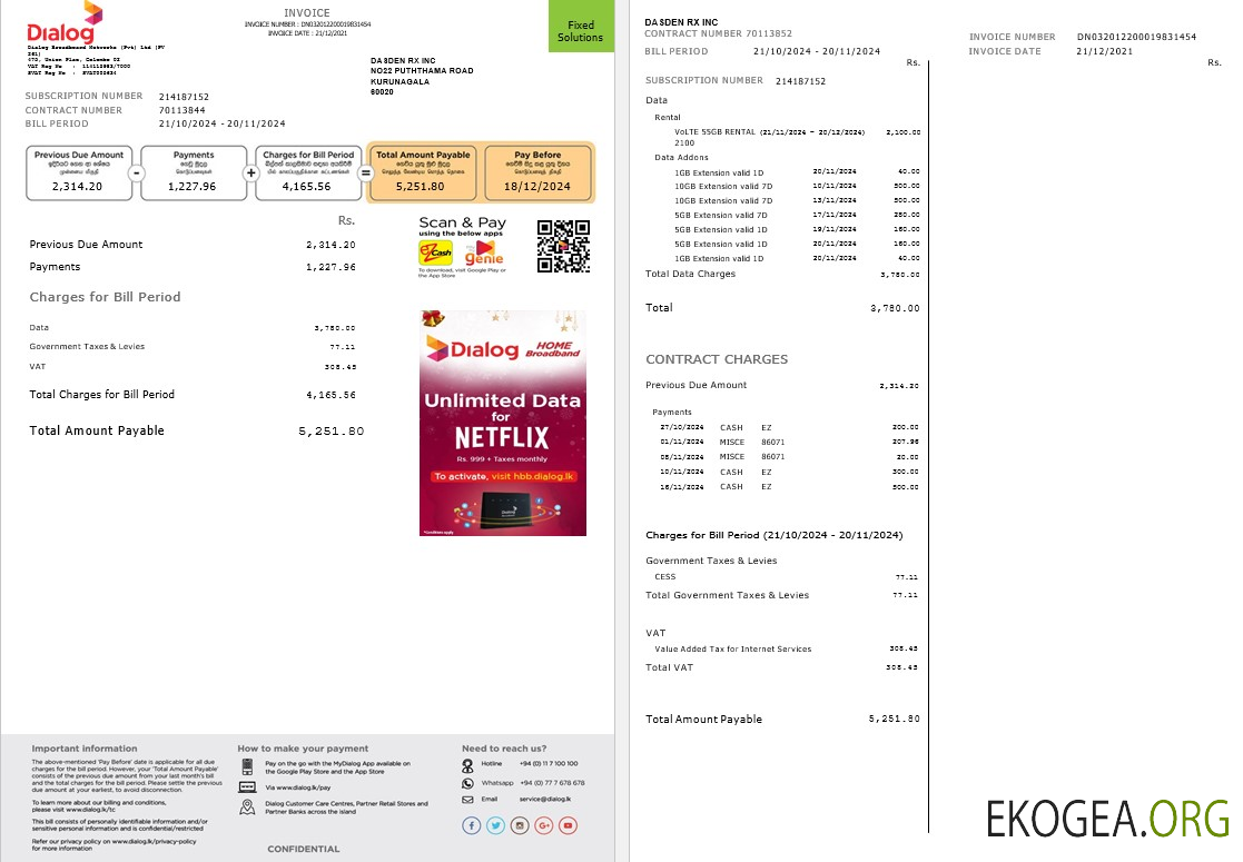 Modèle de facture de services publics d'entreprise Sri Lanka Dialog aux formats Word et PDF, 2 pages